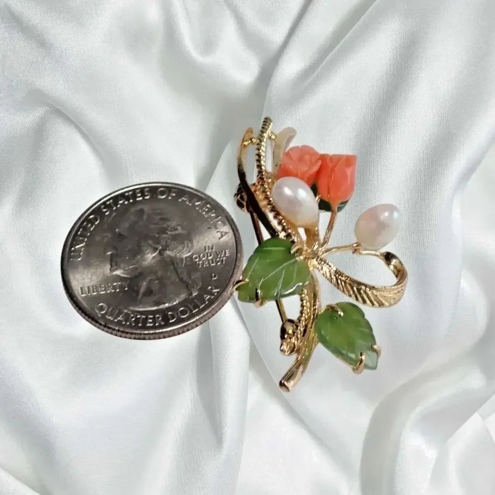 Pink Coral Pearls & Green Jade Leaves Brooch Floral Spray Faux Fashion VTG Pin